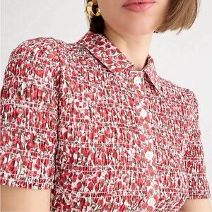 J. Crew Smocked Button-up Top in Liberty Eliza Red Fabric